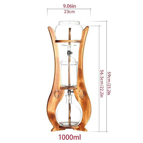 Top Shelf Portable Cold Brew Drip Tower And Iced Coffee Maker with wooden stand and glass components, measuring 1000ml.