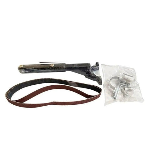 Knockout Mini Belt Sander Adapter with sandpaper belt and metal fittings, turning angle grinder into finishing machine.