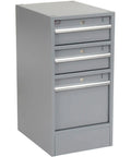 Tough As Nails All Steel Welding Workbench Sixty Wide By Thirty Deep With ESD Static Control Top And Secure Locking Pedestal Drawers, gray steel drawer unit.