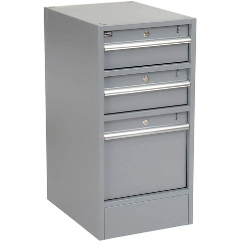 Tough As Nails All Steel Welding Workbench Sixty Wide By Thirty Deep With ESD Static Control Top And Secure Locking Pedestal Drawers, gray steel drawer unit.