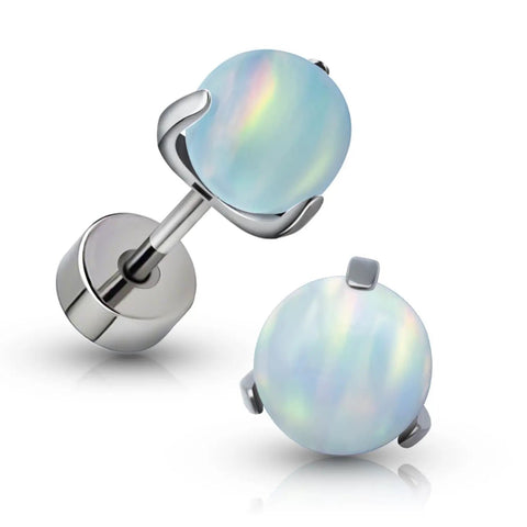 G23 Titanium Flat Back Earrings 20G Opal Ball Studs White 5mm ASTM F136 Hypoallergenic Nickel Free Implant Grade Durable Screw Back For Sensitive Piercings And Dope Everyday Wear, front and side view