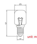 Diagram of E14 T25 25W Oven Light Bulb 120V Pack Of 2 Heat Resistant To 300C 14mm Base Clear Glass For Ovens And Ranges High Temp Appliance Lamp For 120V Kitchens with measurements.