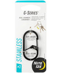 G-Series Dual Chamber Carabiner Size 3 Stainless Steel 1 Pack For Keys And Grab And Go Gear, in packaging with key illustration