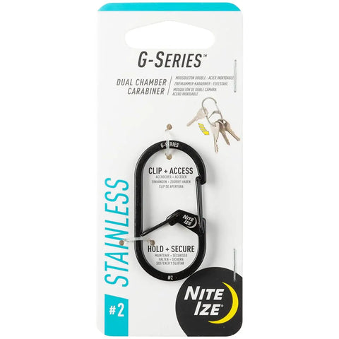 G-Series Dual Chamber Carabiner Size 3 Stainless Steel 1 Pack For Keys And Grab And Go Gear, in packaging with key illustration