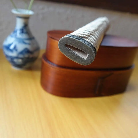 Close-up of Samurai Katana Tsuka Handle 10.2 Inch Do It Yourself DIY Grip Upgrade with Dope Alloy Copper Iron Fittings.