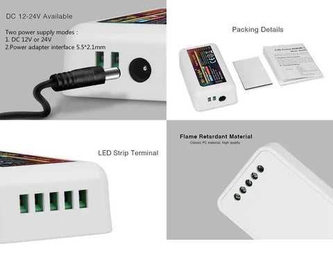 RGB Plus CCT LED Strip Lights Kit With Four FUT039 Modules And One FUT092 Remote, 12V-24V connector and module details