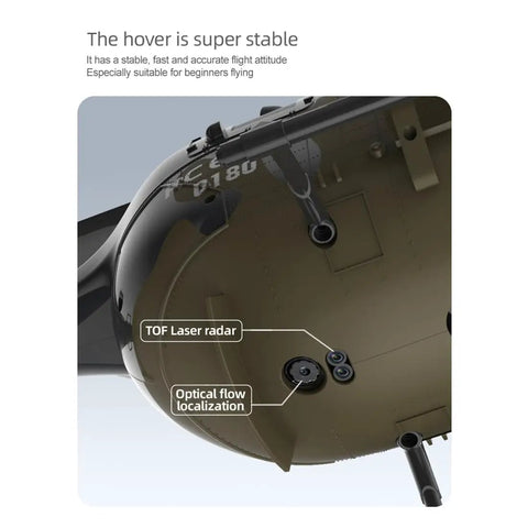 Bottom view of Era C180 BO-105 RC Helicopter showing TOF laser radar and optical flow localization for stabilization.