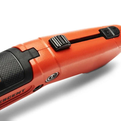 Close-up of Auto Retracting Safety Utility Knife with Quick Change Blades, thumb bridge grip and end cap visible on orange handle