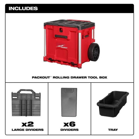 Impact Tool Box With Rolling Drawer For Heavy Duty Jobs, Red, showing dividers, tray, and metal reinforced corners.