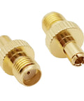 Twin Pack SMA Female to TS9 Male Antenna Adapter for 4G LTE and WiFi Gear, gold plated connectors, close-up view