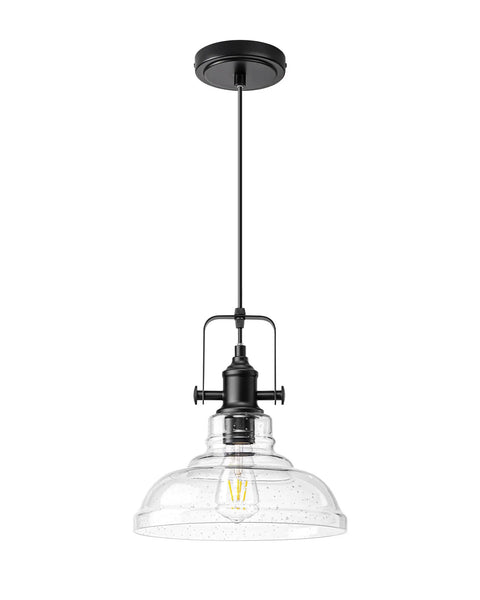 Killer Matte Black Pendant Light With Handcrafted Seeded Glass Shade For Kitchen Island Dining Table, hanging fixture with clear shade.