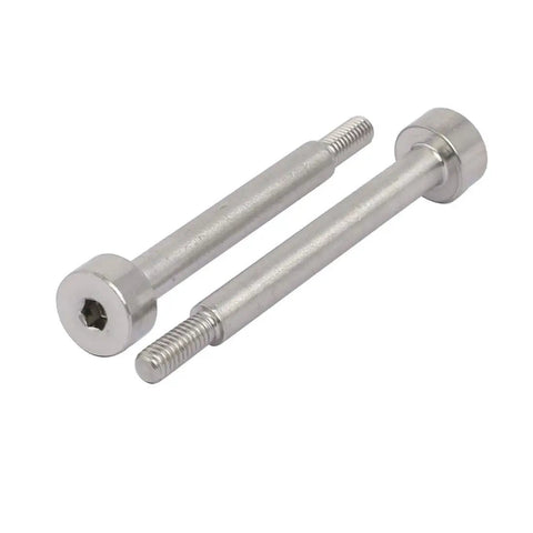 Five Pack 304 Stainless Steel Hex Socket Shoulder Bolt With M4 Full Thread And Precise Five Millimeter Center Pin on white background.