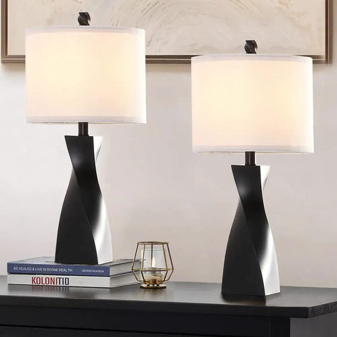 Two Pack Black Table Lamps With White Linen Shades For Bedroom And Living Room End Tables Set Of 2, Easy Three Minute Assembly