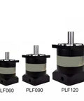 Kick Up Your Project With This Rock Solid Planetary Gearbox Motor Reducer Designed For Nema 17 And 23 Steppers Delivers Sweet Torque Boost Across 40 To 180mm Flange Servos Featuring A Tight 3 To 1 Reduction Ratio with PLF060, PLF090, and PLF120 sizes displayed.