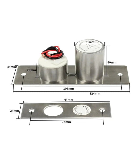 Heavy Hitter Smart Drop Bolt Deadbolt Electric Door Lock For Frameless Glass Doors showing stainless steel components and measurements.
