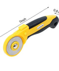 45Mm Rotary Cutter Kit With 9 Extra Blades For Fabric Quilting And Crafting, ergonomic handle, safety sliding button, measurements shown
