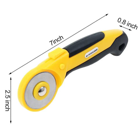 45Mm Rotary Cutter Kit With 9 Extra Blades For Fabric Quilting And Crafting, ergonomic handle, safety sliding button, measurements shown