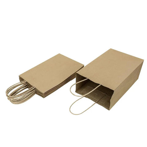 Small Natural Kraft Paper Gift Bags With Handles 5.25x3.25x8.25 Inch Brown Bulk Goody Bags, stack and single bag visible