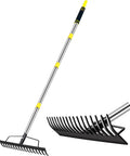 Heavy Duty Garden Bow Rake With Stainless Steel Handle 5.4 Foot Reach 17 Tine Metal Head For Soil Loosening Leaf Gathering And Lawn Leveling Anti Rust Coated Triple Welded