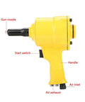 Professional Grade Pneumatic Rivet Gun With Knockout Grip Design And Killer Pull Power Air Powered Riveting Tool showing nozzle, switch, and handle.