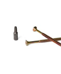 Tough As Nails Ten By Three Inch Deck Screws With Square Robertson Drive And Bugle Heads For Smooth Driving Rock Solid Grips And Rust Busting Protection Using Gilded Zinc Plated Finish In One Hundred Piece Box with a screwdriver bit.