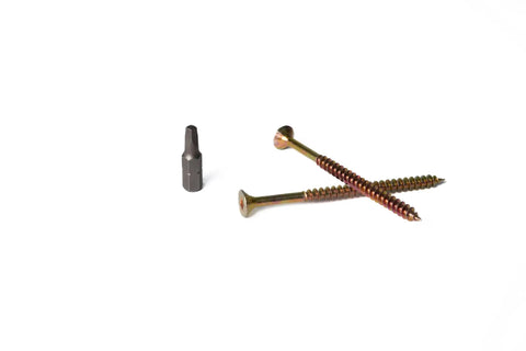 Tough As Nails Ten By Three Inch Deck Screws With Square Robertson Drive And Bugle Heads For Smooth Driving Rock Solid Grips And Rust Busting Protection Using Gilded Zinc Plated Finish In One Hundred Piece Box with a screwdriver bit.