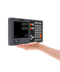 KA300 Digital Readout Kit for Lathe and Milling Machines held in hand, showing keypad and display, linear scale encoder visible.