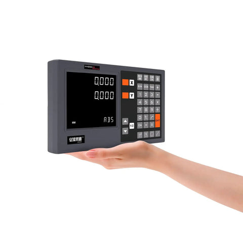 KA300 Digital Readout Kit for Lathe and Milling Machines held in hand, showing keypad and display, linear scale encoder visible.
