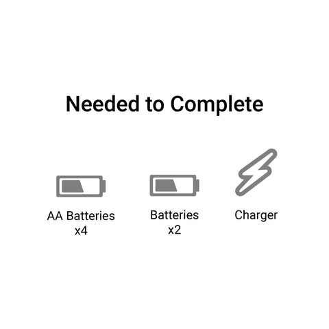 Image showing required AA batteries, additional batteries, and charger for Sonicwake V2 36 Inch Self Righting Brushless RC Boat.