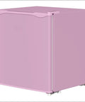 Slick Compact Upright Freezer Featuring Adjustable Temperature Settings Removable Shelf Reversible Door For Tight Kitchens Hella Tough Steel Frame With Fun Ice Cube Making Gear For Busy Households in pink color.