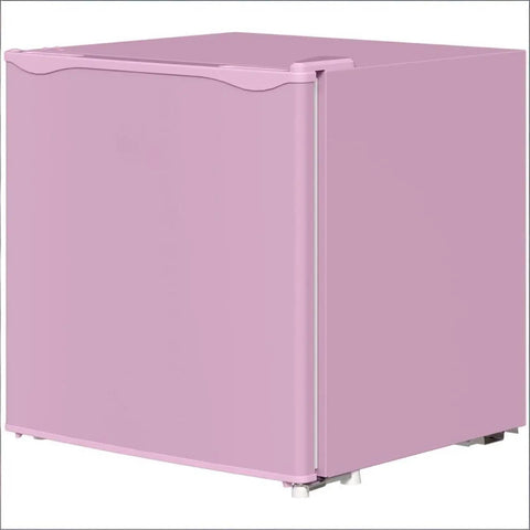 Slick Compact Upright Freezer Featuring Adjustable Temperature Settings Removable Shelf Reversible Door For Tight Kitchens Hella Tough Steel Frame With Fun Ice Cube Making Gear For Busy Households in pink color.