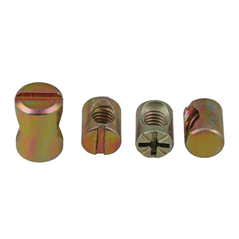 Barrel Nuts And Cross Dowel Slotted Nuts Set, Zinc Plated For Tough Furniture Joints, M6 And M8, shown in different angles