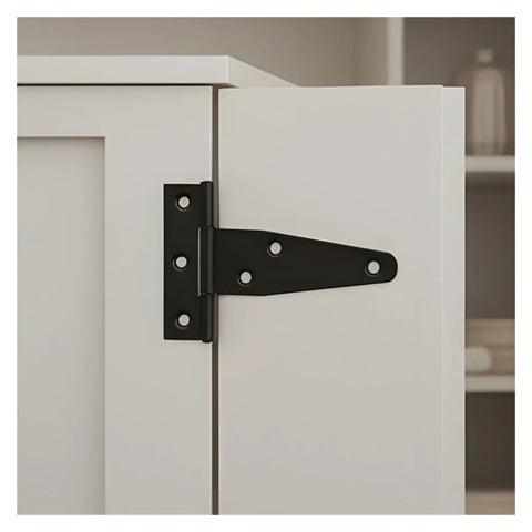 Heavy Duty Black T Shape Iron Hinges Five In One Set for Gate Shed Barn Door Cabinet with Screws on a white cabinet door