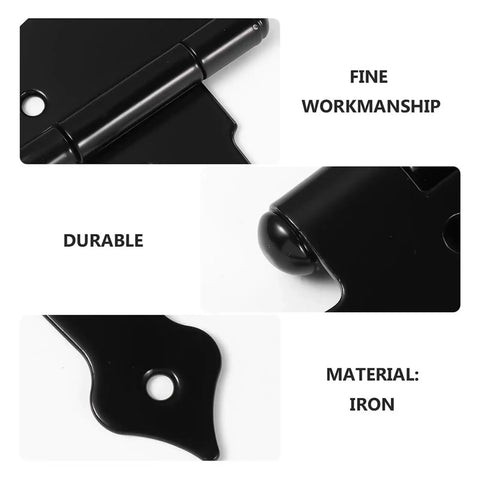 Close-up of Rock Solid Heavy Duty T Gate Hinges For Barn Doors And Yard Fences, black iron construction showcasing durable design.