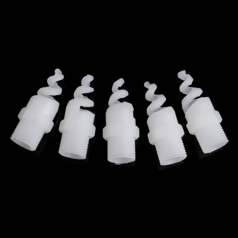 Five Piece Heavy Duty Plastic Spiral Full Cone Spray Nozzle Tips For Garden Irrigation Featuring One Fourth To Three Quarter Inch Fittings in white polypropylene.