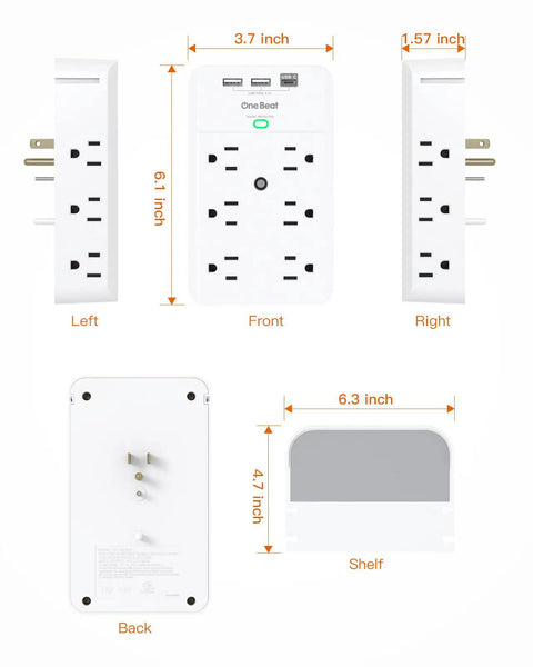 Dimensions diagram of All In One 12 Outlet Wall Extender With Shelf And Surge Protector 12 AC Outlets And 3 USB Ports Includes 1 USB C.