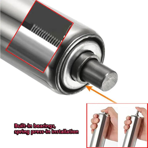 Close-up of Straight Up Heavy Duty Gravity Conveyor Rollers Two Pack Galvanized Steel with plug-and-play spring bearings.