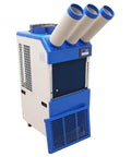 Heavy Duty Industrial Portable Spot Cooler Kickin Cold Turbo Double Fan Air Conditioner with three adjustable nozzles.