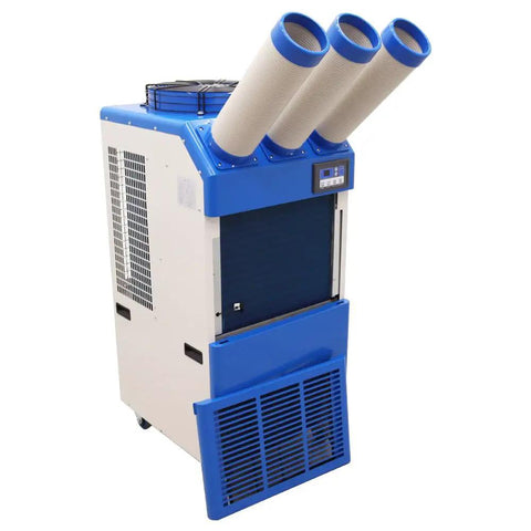 Heavy Duty Industrial Portable Spot Cooler Kickin Cold Turbo Double Fan Air Conditioner with three adjustable nozzles.