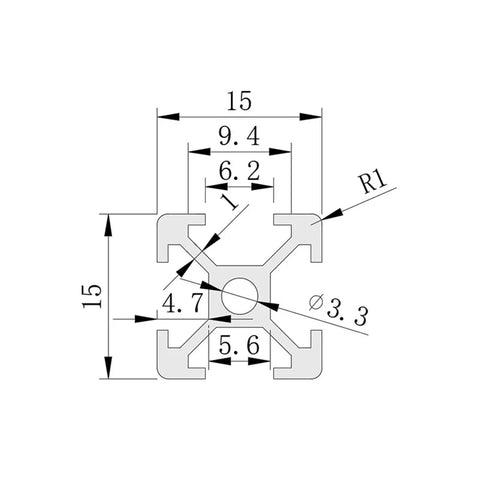 Get Your Hands On This 2 Pieces Of 1515 Aluminum Profile T-Slot Linear Rail For Serious DIY Projects And Industrial Builds Featuring Super Durable Extrusion That Is Lightweight Yet Sturdy For 1M Long Applications - Technical drawing with dimensions of the 15x15 aluminum profile.