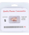 Top Tier 60A Plasma Cutter Nozzles Set Includes Five Premium Copper Torch Tips Model 120931 packaged nozzle on card.