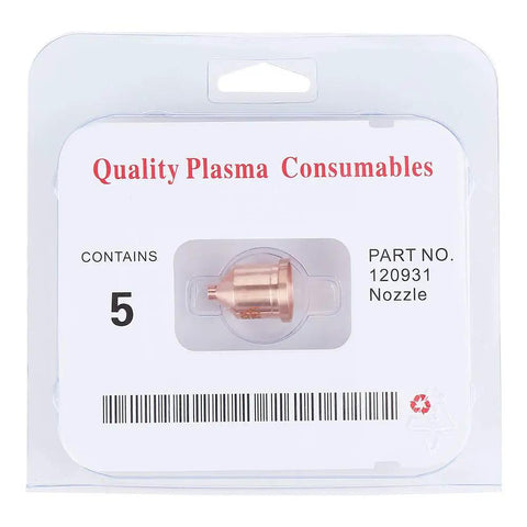 Top Tier 60A Plasma Cutter Nozzles Set Includes Five Premium Copper Torch Tips Model 120931 packaged nozzle on card.