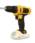 Skip The Hassle And Get Some Real Work Done With This Cordless Power Drill Packing A High Torque Motor Quick Change Chuck And Comfort Grip For Stress Free Woodwork Tasks, yellow cordless drill showing chuck and battery.