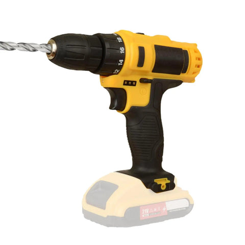 Skip The Hassle And Get Some Real Work Done With This Cordless Power Drill Packing A High Torque Motor Quick Change Chuck And Comfort Grip For Stress Free Woodwork Tasks, yellow cordless drill showing chuck and battery.