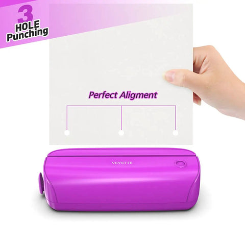 Electric 3 Hole Paper Punch With Adapter 20 Sheet Capacity AC Or Battery Powered Purple Office School Studio Tool displayed with perfect paper alignment diagram