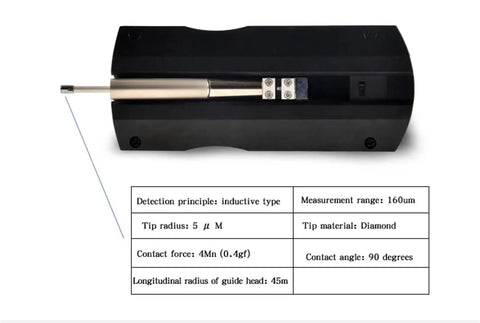 Heavy Duty Digital Surface Roughness Tester And Finish Gauge For Alloy Tool Steel Workpieces With Top Shelf Precision Inductive Sensors showing details of tip and measurement specs.