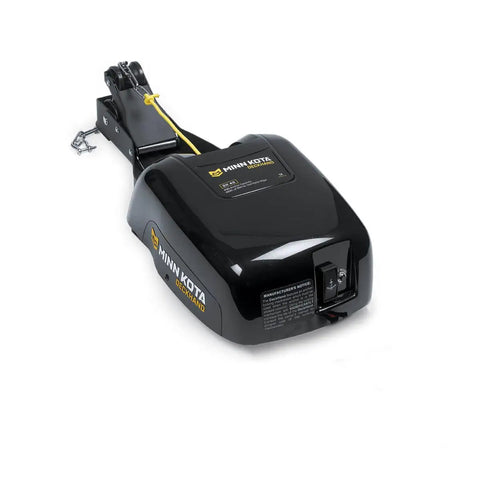 Minn Kota Deckhand Electric Anchor Winch DH-40 shown from above with a black finish and yellow cord for hands-free anchoring.