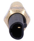 Heavy Duty Engine Coolant Temperature Sensor With Factory Style Wiring Harness Pigtail, close-up view, brass fitting, black connector.