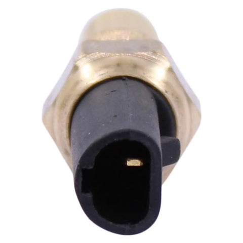 Heavy Duty Engine Coolant Temperature Sensor With Factory Style Wiring Harness Pigtail, close-up view, brass fitting, black connector.
