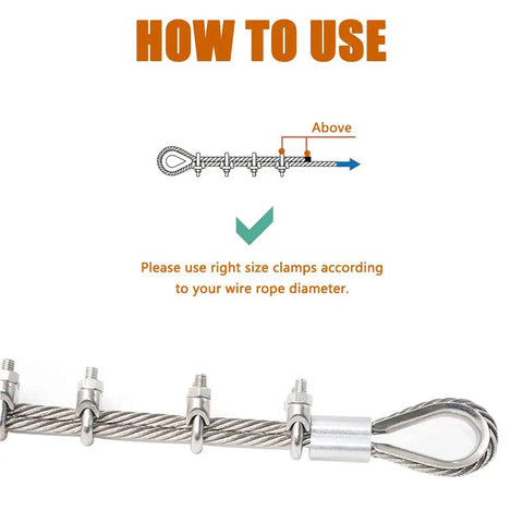 Instructions with diagram showing how to use 25 Pack Stainless Steel Wire Rope Cable Clamps Kit U Shaped Bolts Saddle Nuts For 1/16 Inch 1/8 Inch 3/16 Inch And 1/4 Inch Cables Corrosion Resistant Heavy Duty DIY Rigging Fasteners on cables.